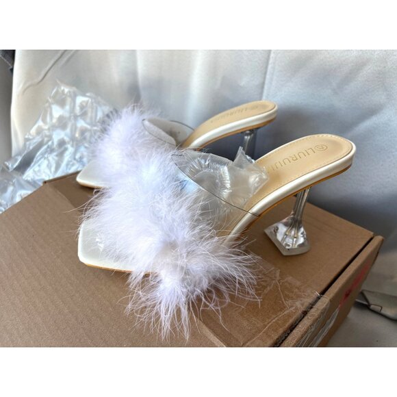 White Feathered Open-Toe Heels With Clear Strap & Square Toe By Llurujia Size 11 - Picture 1 of 5